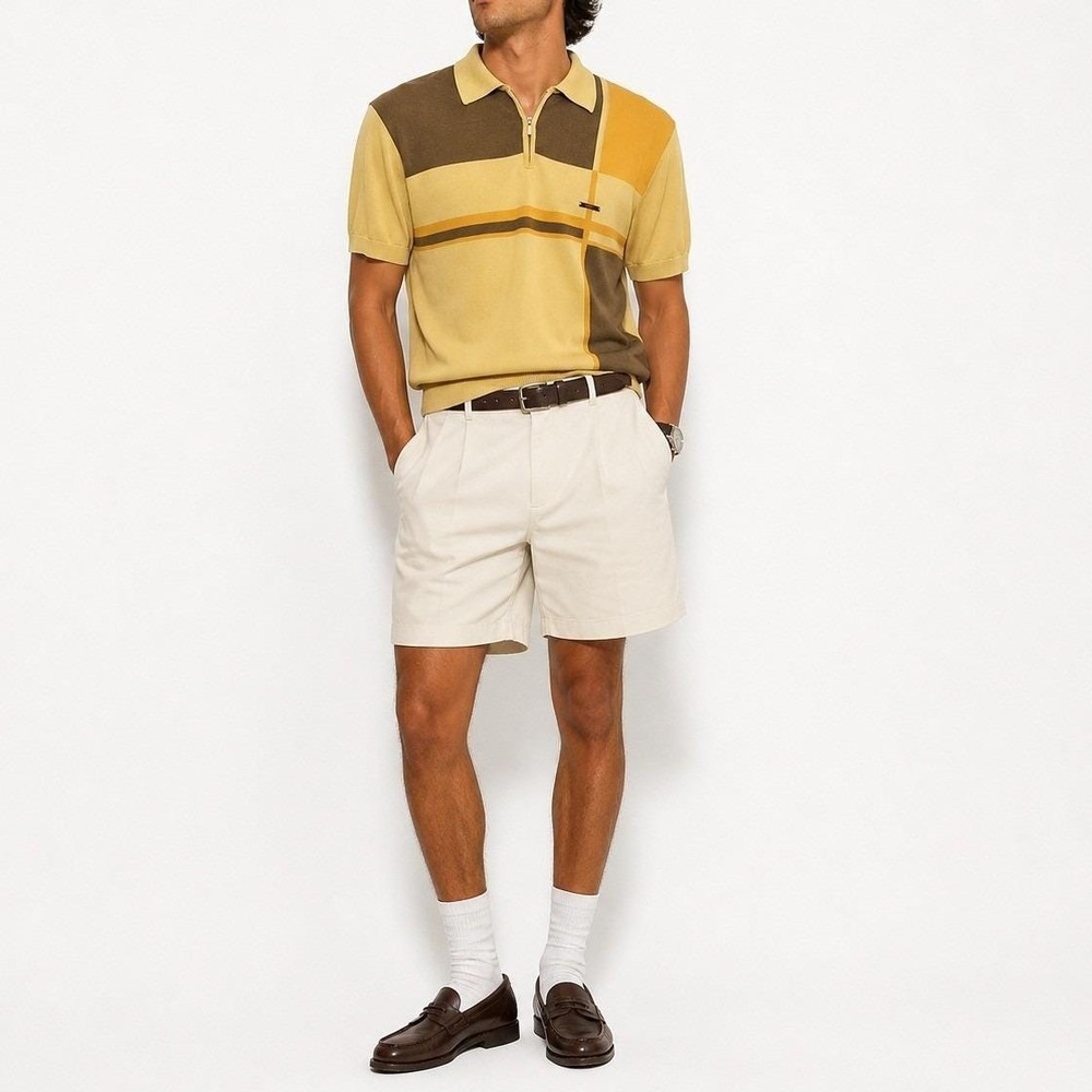 Mens M Geometric Knit Polo Shirt Brown Yellow 1/4 Zip Sebastian European Golf